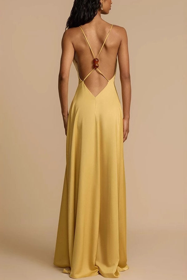 Satin Deep V-Neck Plunge A-Line Maxi Formal Gown
