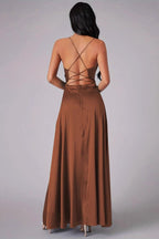 Satin Cowl Neck Spaghetti Strap High Slit A-Line Maxi Gown