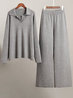 Knit Pant Set Drop Shoulder Pullover And Wide Leg Trousers For Women