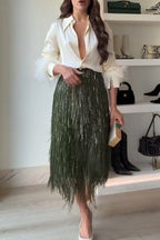 Party Crasher Feather Trim Long Sleeve Button Up Loose Blouse