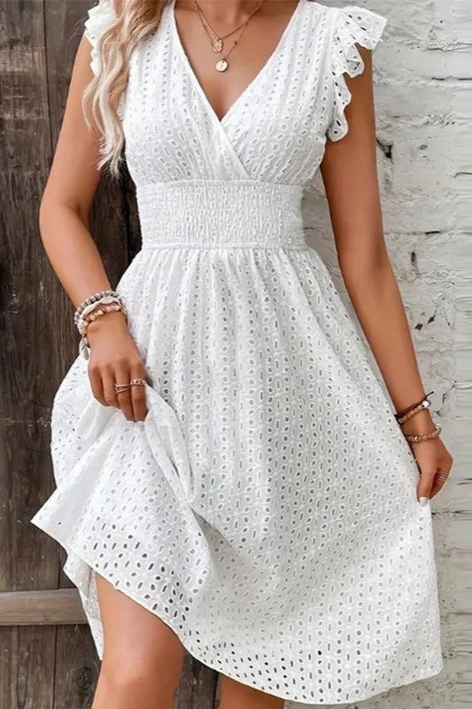 Eyelet Lace V-Neck Ruffle Cap Sleeve Smocked Waist A-Line Midi Dress