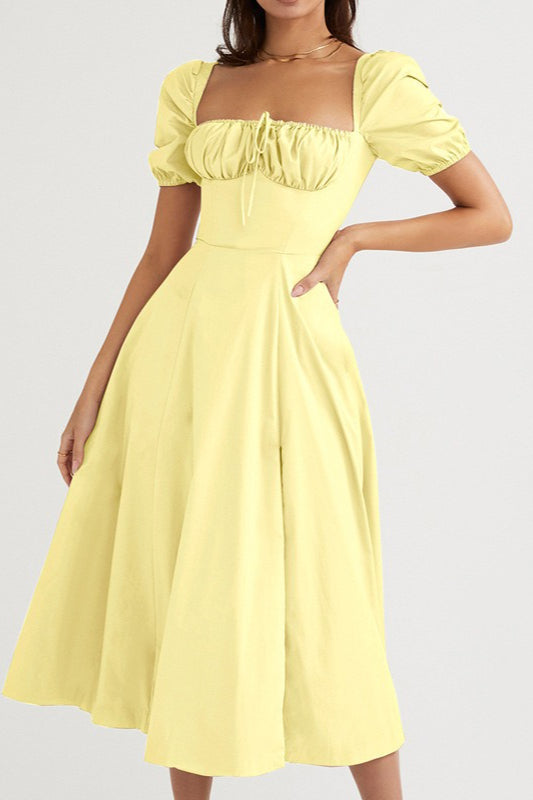 Off Shoulder Puff Sleeve Corset Tie Front High Split Maxi Dress