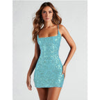 Sequin Damask Square Neck Spaghetti Strap Bodycon Mini Dress