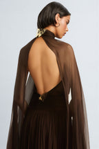 Hiram Mesh High-Neck Bow Maxi Dress