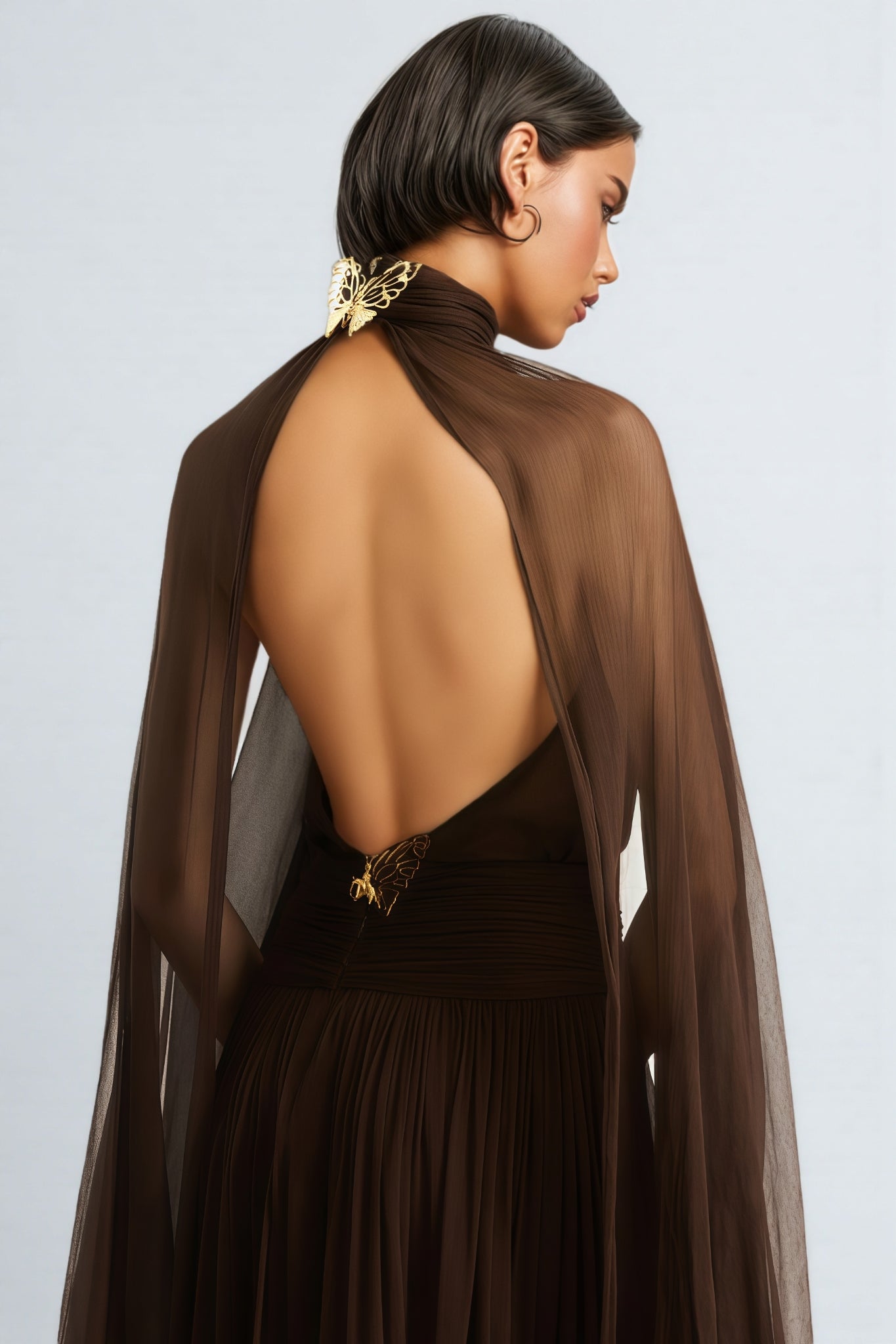 Hiram Mesh High-Neck Bow Maxi Dress