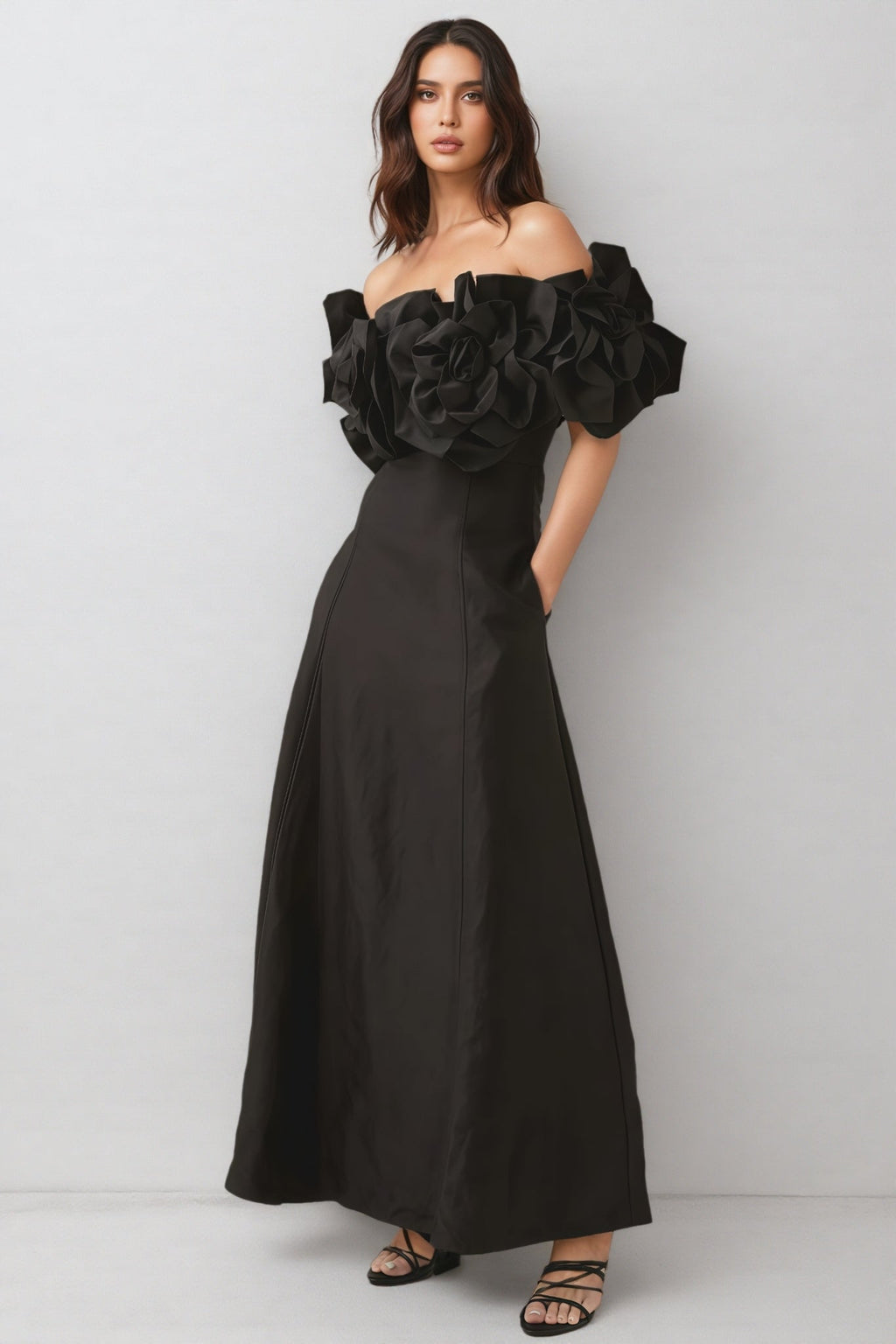 Paca Black Strapless 3D Floral Maxi Dress
