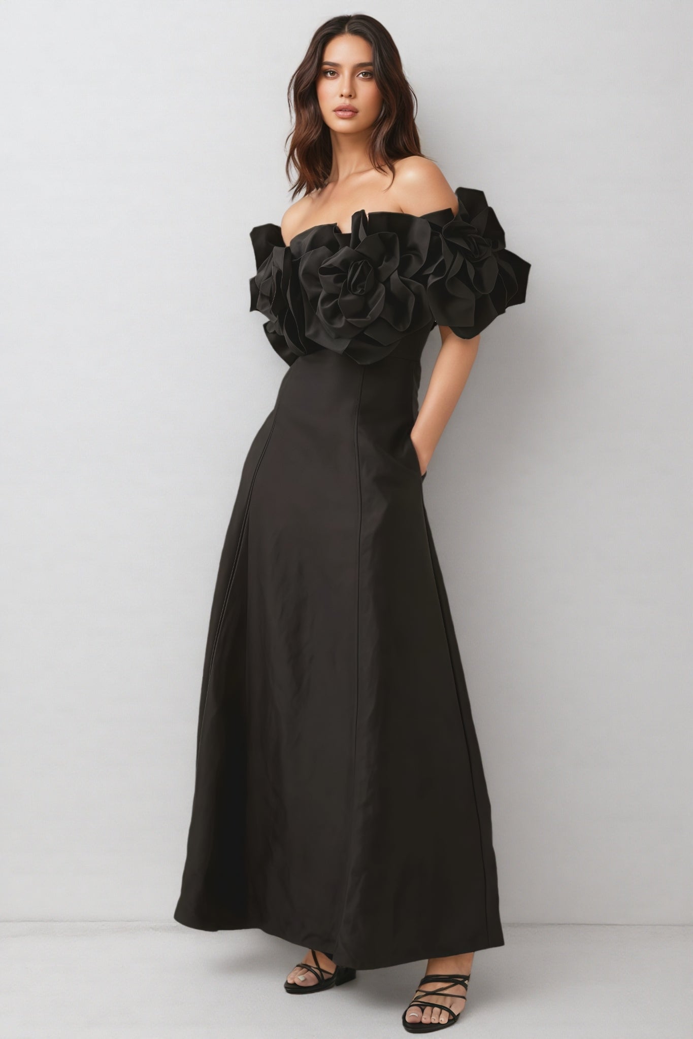 Paca Black Strapless 3D Floral Maxi Dress