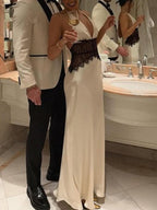 Deep V-neck Silk Satin Maxi Dress With Halter Neck And Cinched Waist