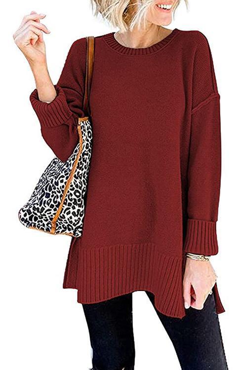 Side Split Ribbed Trim Loose Mid Sweater
