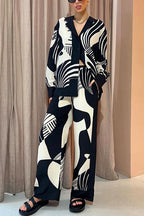 Graphic Printed Long Sleeve Blouse Shirt Wide Leg Pants 2 Pieces Set