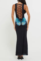 Back Lace-up Sleeveless Butterfly Print Maxi Dress