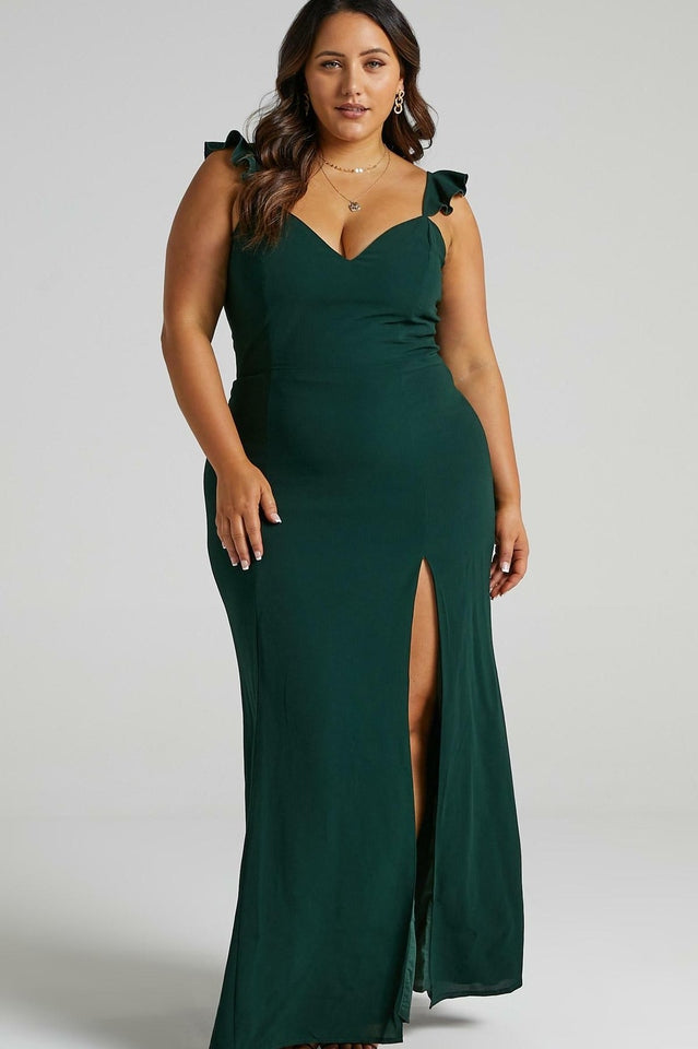 Deep V-Neck Ruffle Strap Thigh Slit Floor Length Maxi Dress