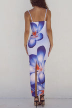 Spaghetti Strap Back Slit Lily Print Bodycon Maxi Dress