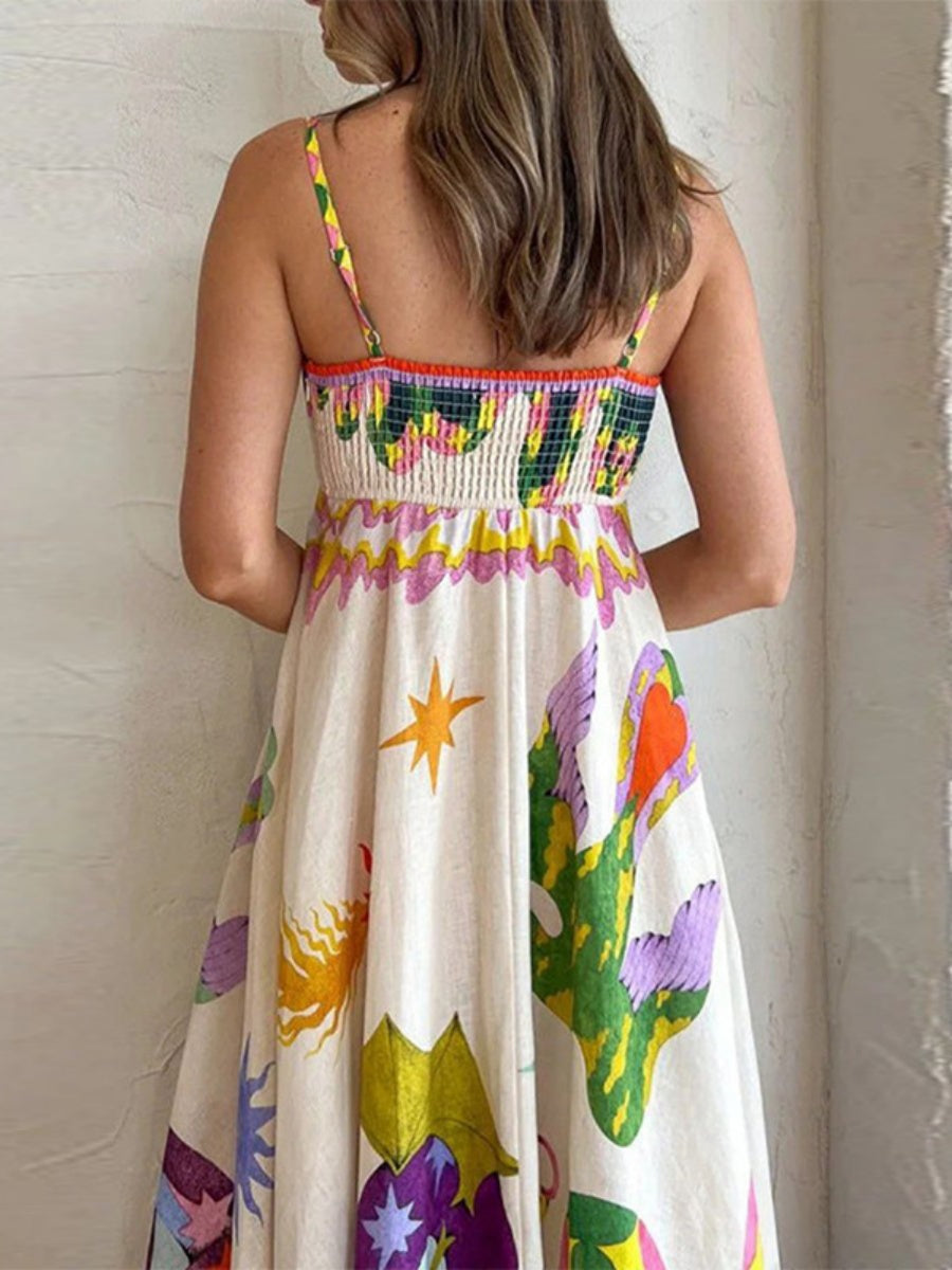 High-waisted Anime Cartoon Print Suspender Long Dress