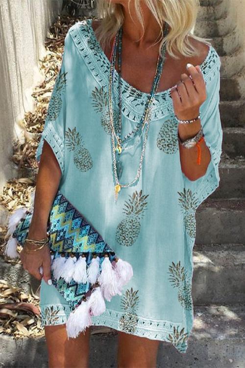V Neck Hollow Out Pineapple Printed Batwing Beach Dress