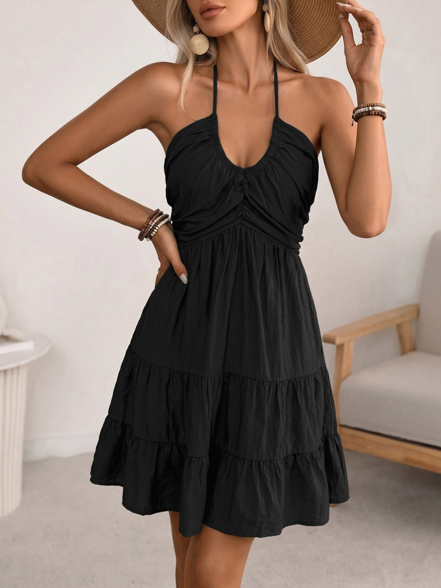 Halter V-neck Drawstring Loose-fit Vacation Maxi Dresses