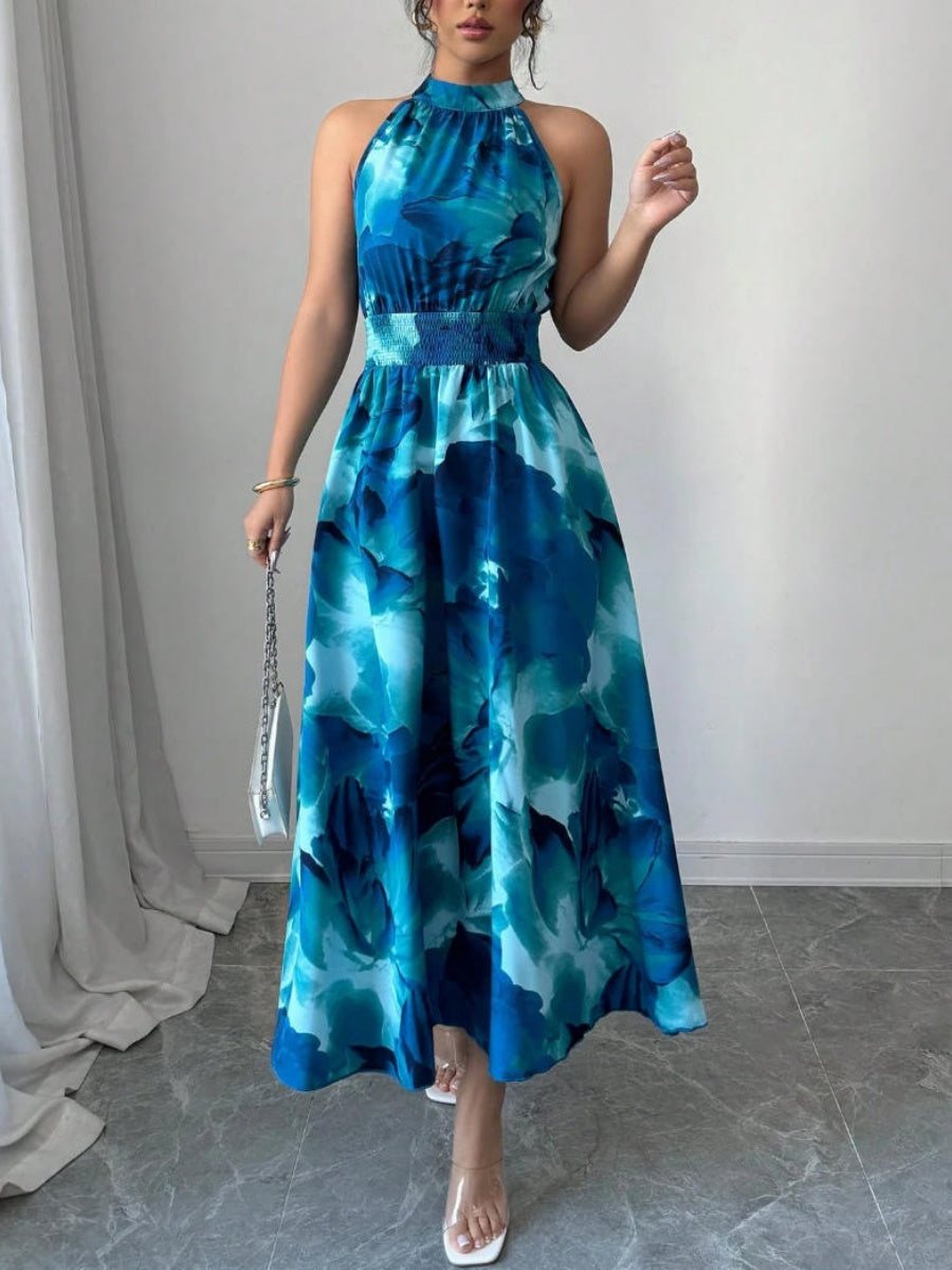 Printed Halter Sleeveless Vacation And Leisure Maxi Dresses