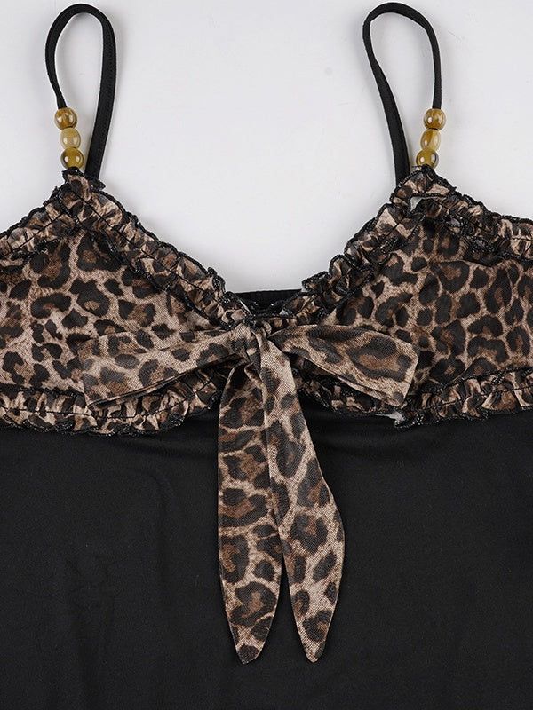 Black Leopard Print Color-blocked Mesh A-line Camisole