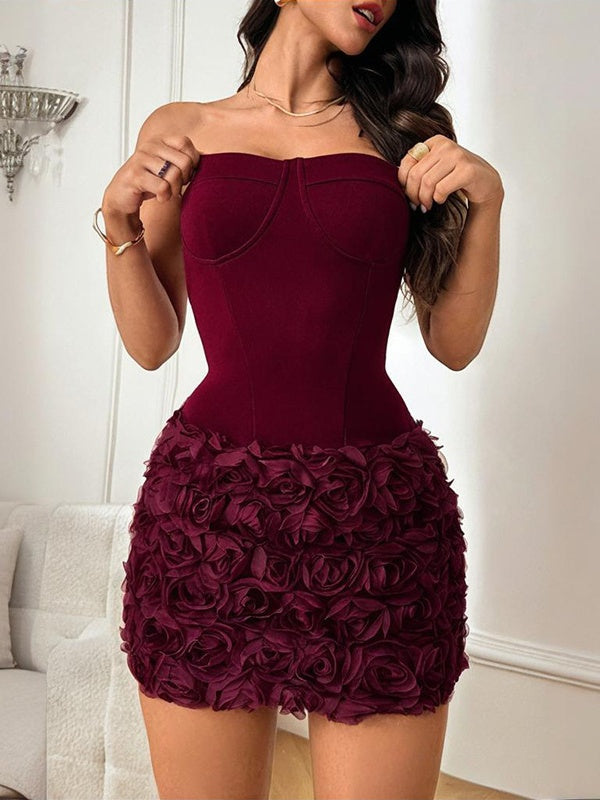 3D Floral Textured Strapless Waist-cinching Short Dress