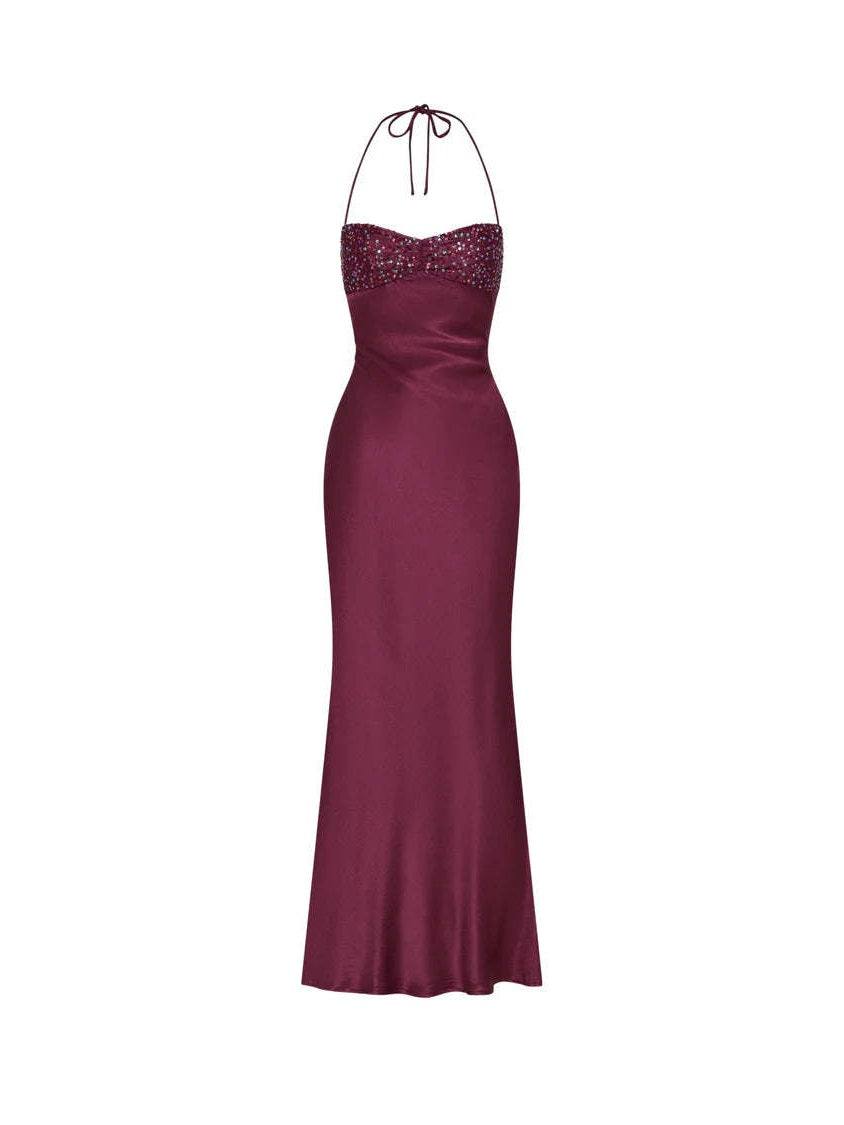 Strapless Sequined Satin Backless Tie-waist Bodycon Maxi Dress