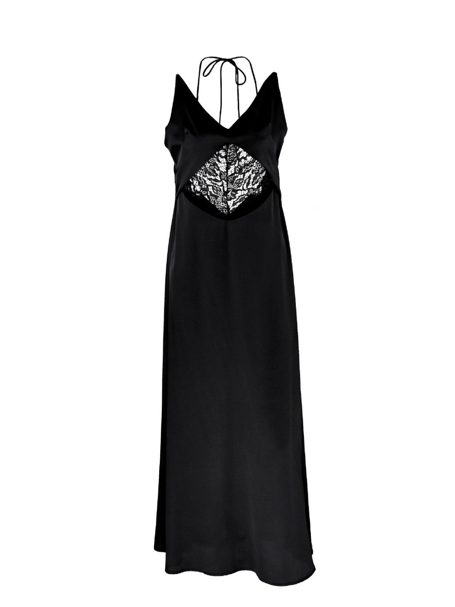 Black Lace Open Backless Halter High-waisted Long Dress
