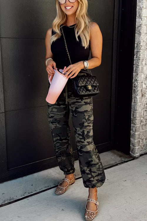 Camo Drawstring Waist Pocketed Cargo Pants