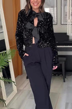 Long Sleeves Bow Knot Glitter Sequin Top