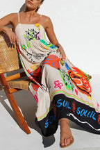 Tie Back Cut Out Graffiti Print Flowy Maxi Cami Dress