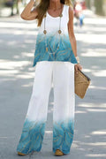 Printed Sleeveless Tank Top and Wide Leg Pants Set