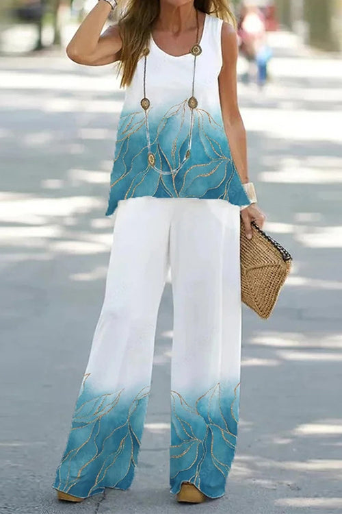 Printed Sleeveless Tank Top and Wide Leg Pants Set