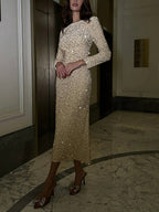 Round Neck Long Sleeve Allover Sequin Column Midi Dress