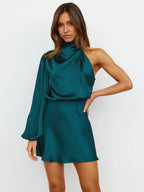 Satin One-shoulder Long-sleeved Round Neck Short Dress