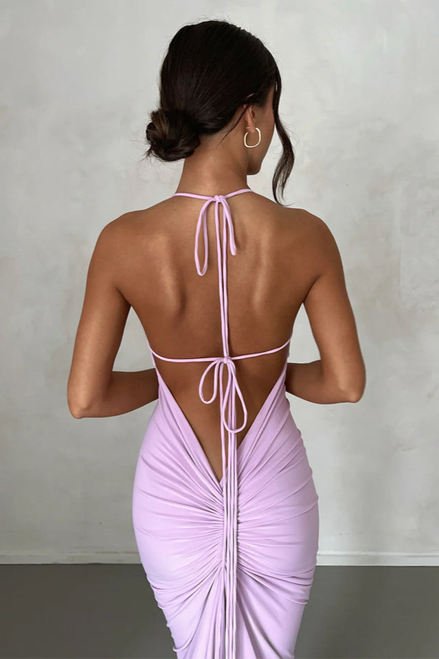 Tie Shoulder Deep Open Back Ruched Bodycon Maxi Dress