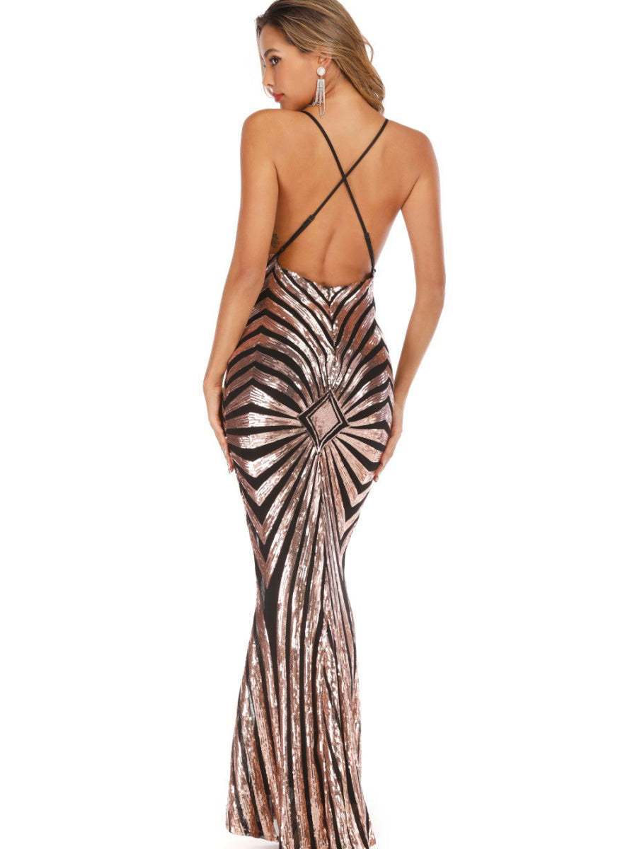 Sexy V-neck Camisoles Retro Sequins Dinner Maxi Dresses