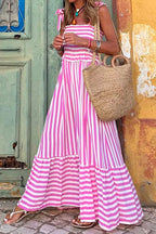 Striped Bow Knot Shoulder Smocked Ruffle Maxi Holiday Dress