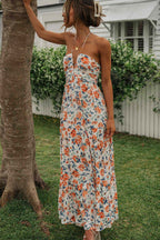 Floral Print Halter Deep V-Neck Tiered Ruffle Maxi Dress