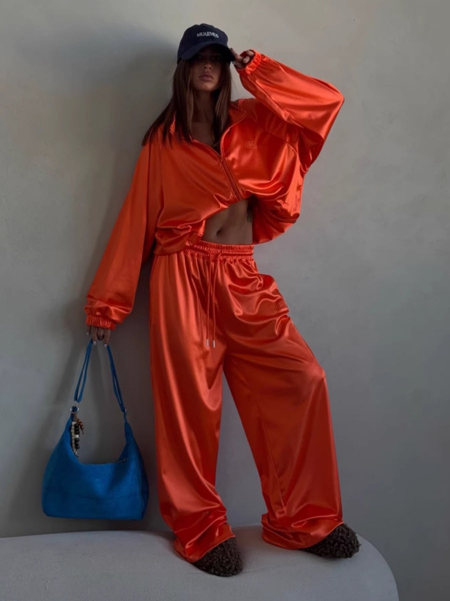 Zippered Loose Sweatshirt Jacket And Wide-Leg Pants Two-Piece Set