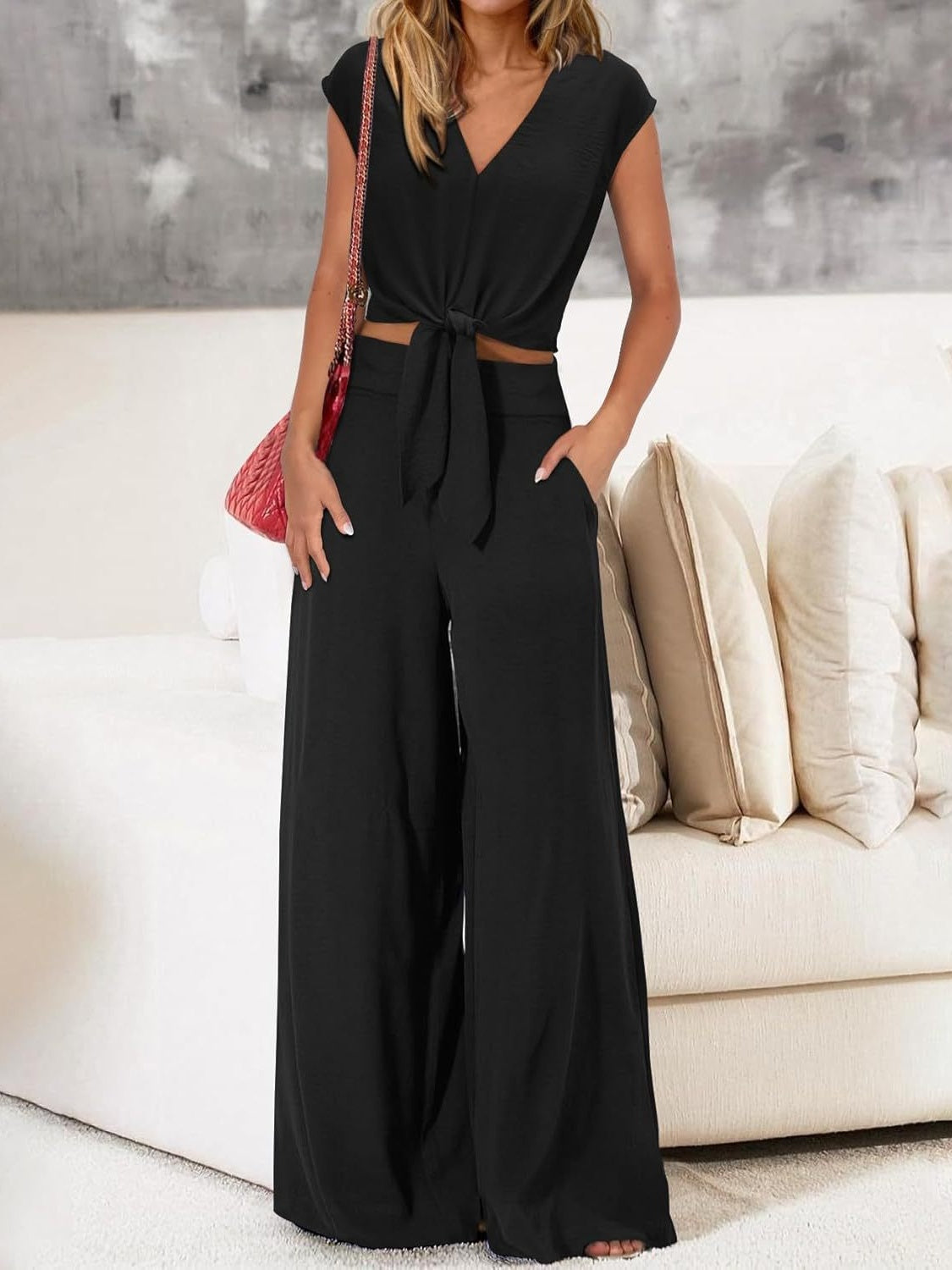 V-neck Tie-up Cropped Wide-leg Pants Two-piece Set