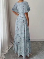 Floral Lotus Leaf Sleeves Sweetheart Collar Vacation And Leisure Maxi Dresses