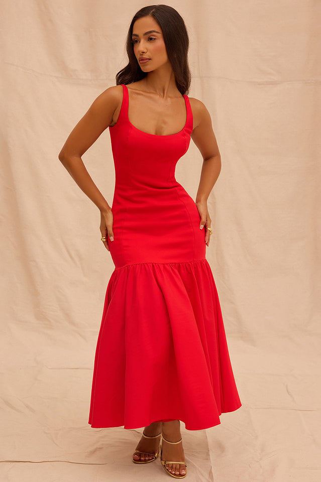 Sleeveless Scoop Neck Princess Seam Dropped Waist Gathered Flounce Midi Dress
