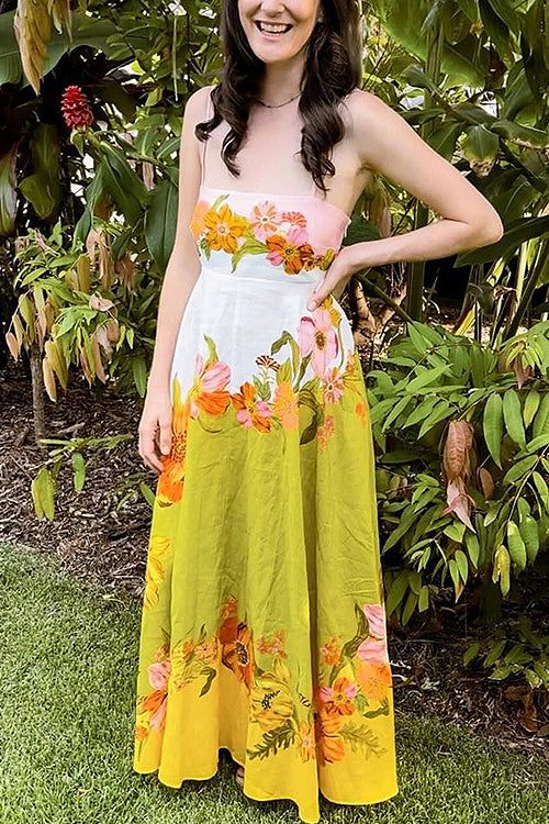 Spaghetti Strap Square Neck Botanical Fruit Print Scalloped Hem Midi Dress