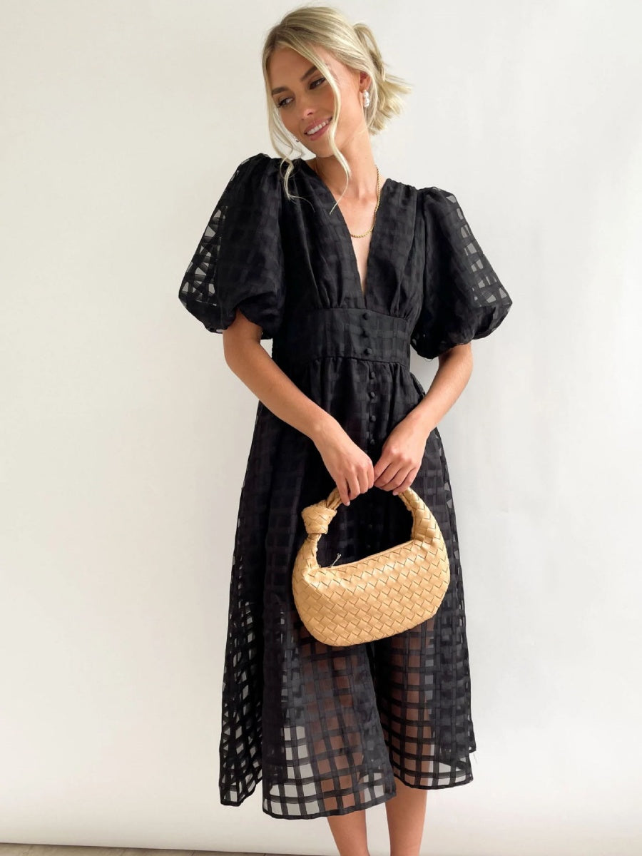 Balloon Sleeve Color Hollow Temperament Midi Dresses