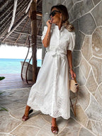 Hollow-out Short-sleeved Belted Long Dress