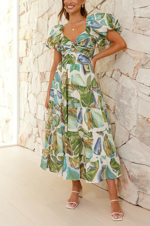 Twist Front Puff Sleeves Ruffle Tiered Printed Maxi Dress