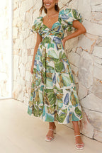 Twist Front Puff Sleeves Ruffle Tiered Printed Maxi Dress