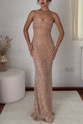 Spaghetti Strap Sheer Embellished Maxi Party Gown
