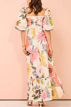Square Collar Puff Sleeves Floral Print Cotton Linen Ruffle Maxi Dress