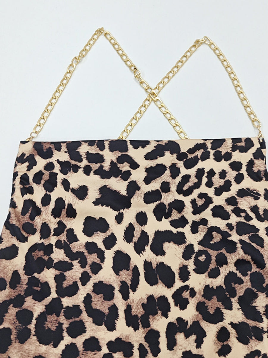 Chain Backless Camisoles Irregular High Slit Leopard Print Maxi Dresses