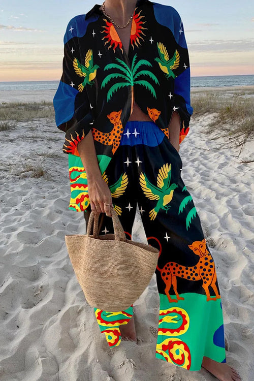 Tropic Print Button Down Blouse Shirt Elastic Waist Wide Leg Pants Vacation Set