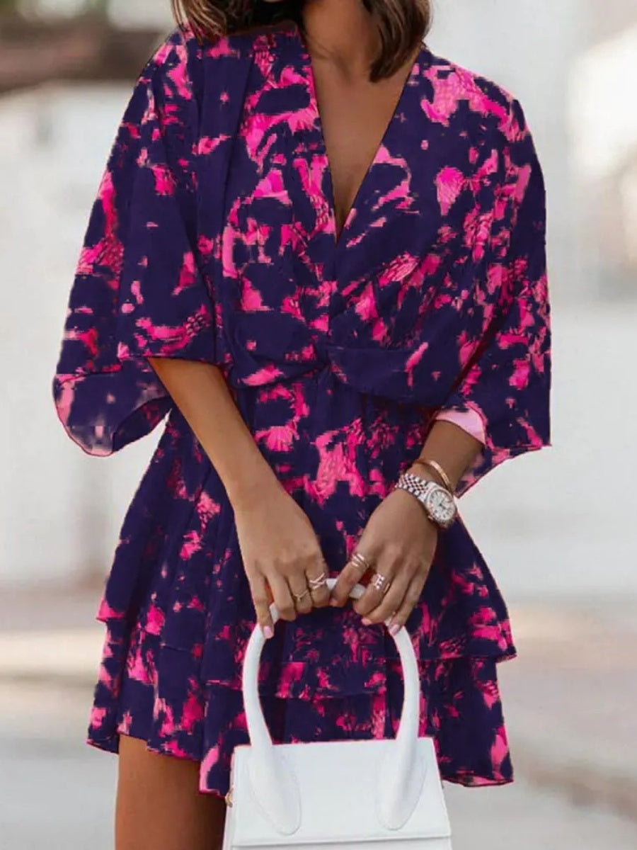 Loose-fit Batwing Sleeves Printed Commuting Mini&Short Dresses
